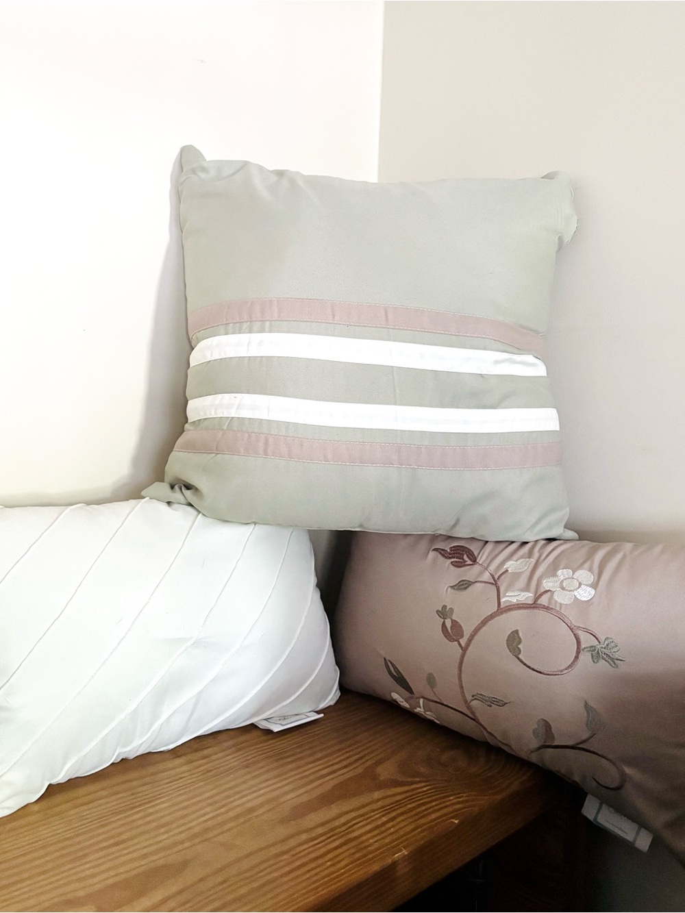 Chic Striped Sage Green, Plain White & Floral Brown Throw Pillow Set